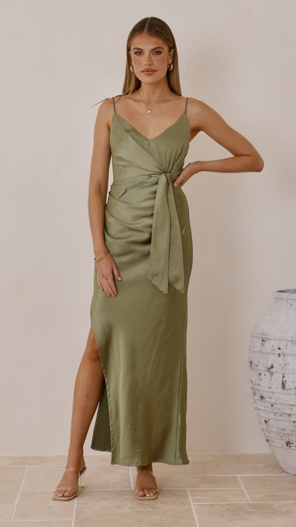 Yasmeen Tie Front Maxi Dress - Olive