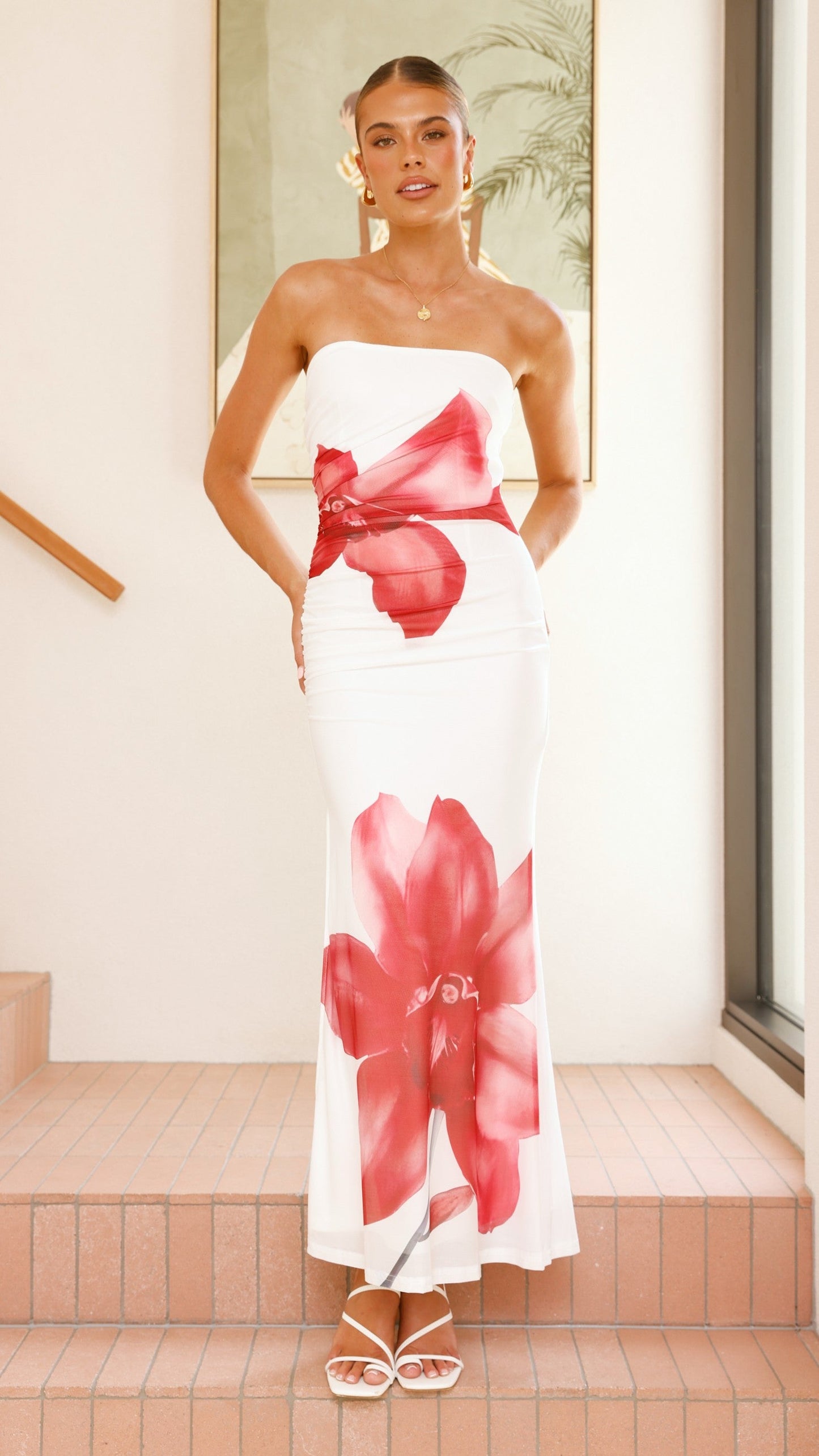 Brittani Strapless Maxi Dress - White/Red