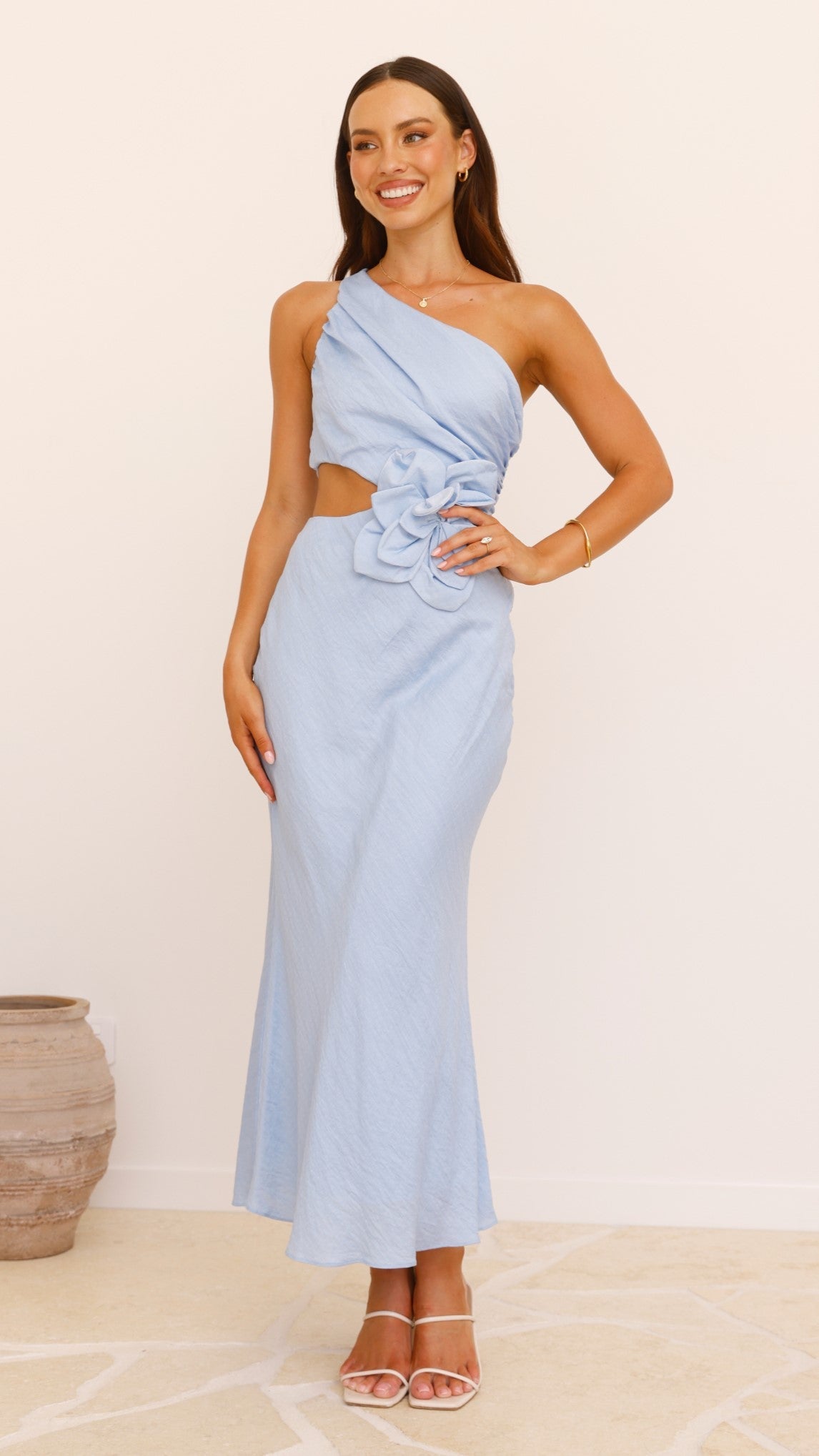 Bloom One Shoulder Cut Out Maxi Dress - Blue