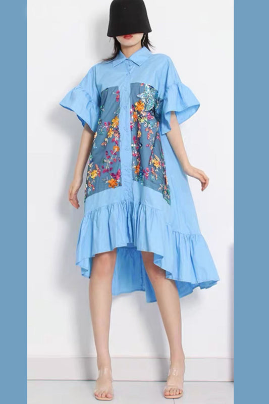 Short Sleeve Button Down Sequin High Low Dress