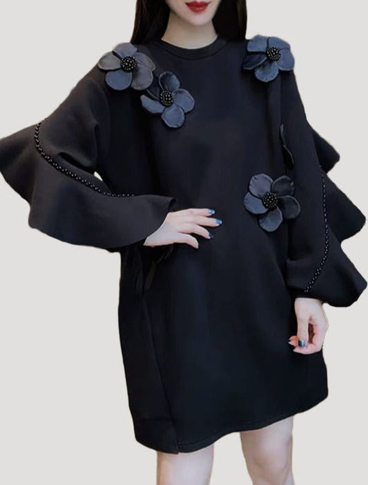 Long Sleeve Flower Embellished Short Dress
