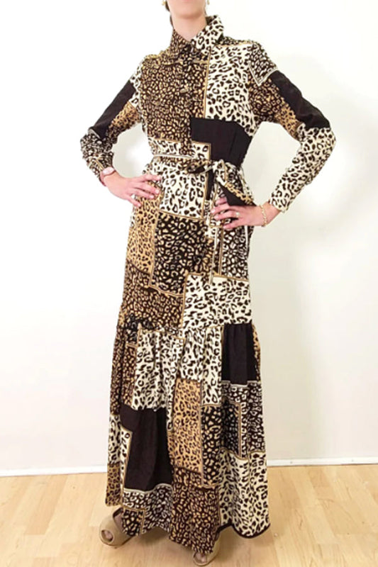 Long Sleeve Leopard Print Collar Dress
