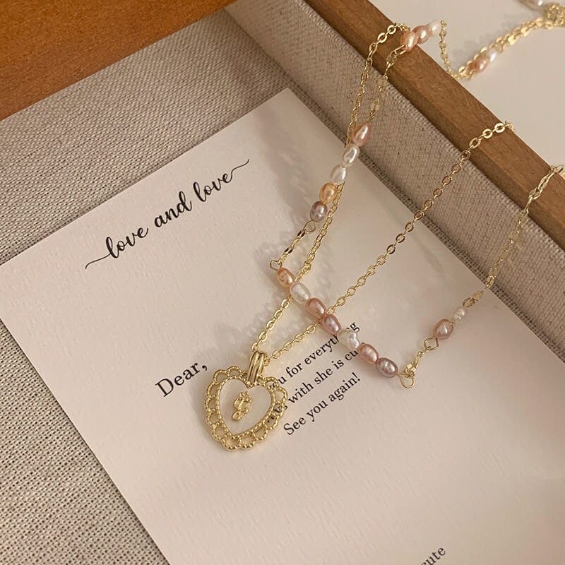 Dainty Layered Floral Heart Pendant Pearl Chain Choker Necklace Set