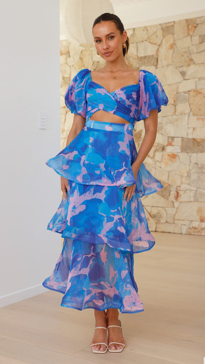 Casey Maxi Dress - Blue / Pink Print
