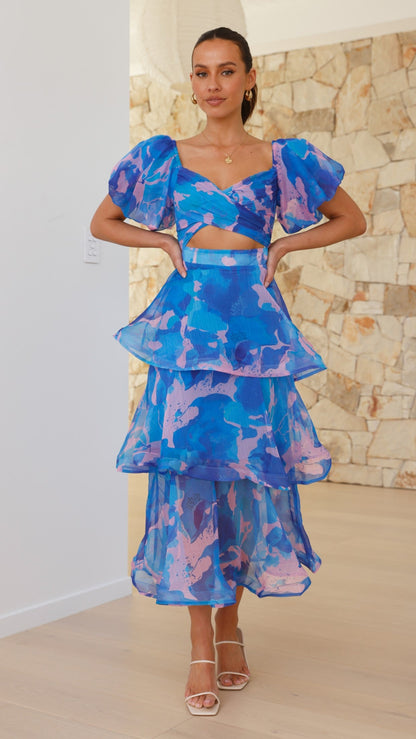 Casey Maxi Dress - Blue / Pink Print