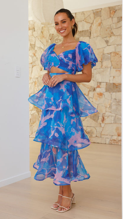 Casey Maxi Dress - Blue / Pink Print