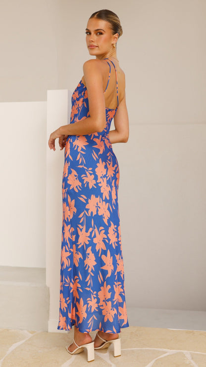 Verity One Shoulder Maxi Dress - Orange/Blue Floral