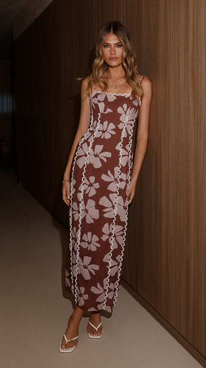 Carlia Midi Dress - Brown Daylillies