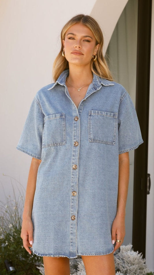 Chaney Button Up Mini Dress - Medium Denim
