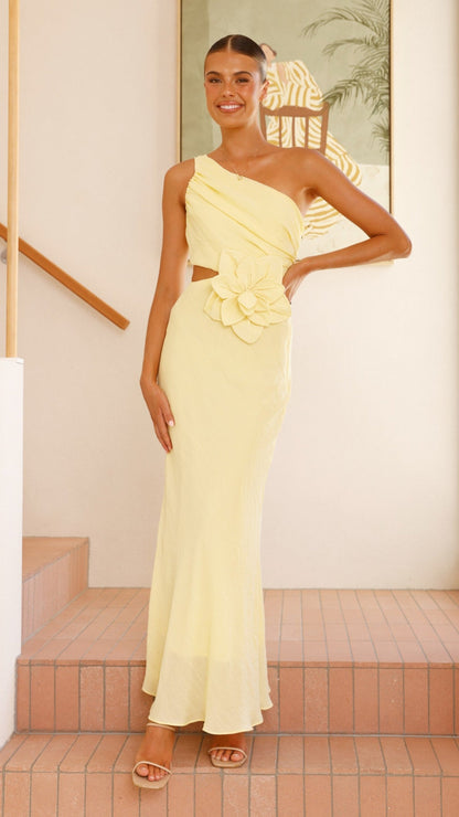 Bloom One Shoulder Cut Out Maxi Dress - Yellow