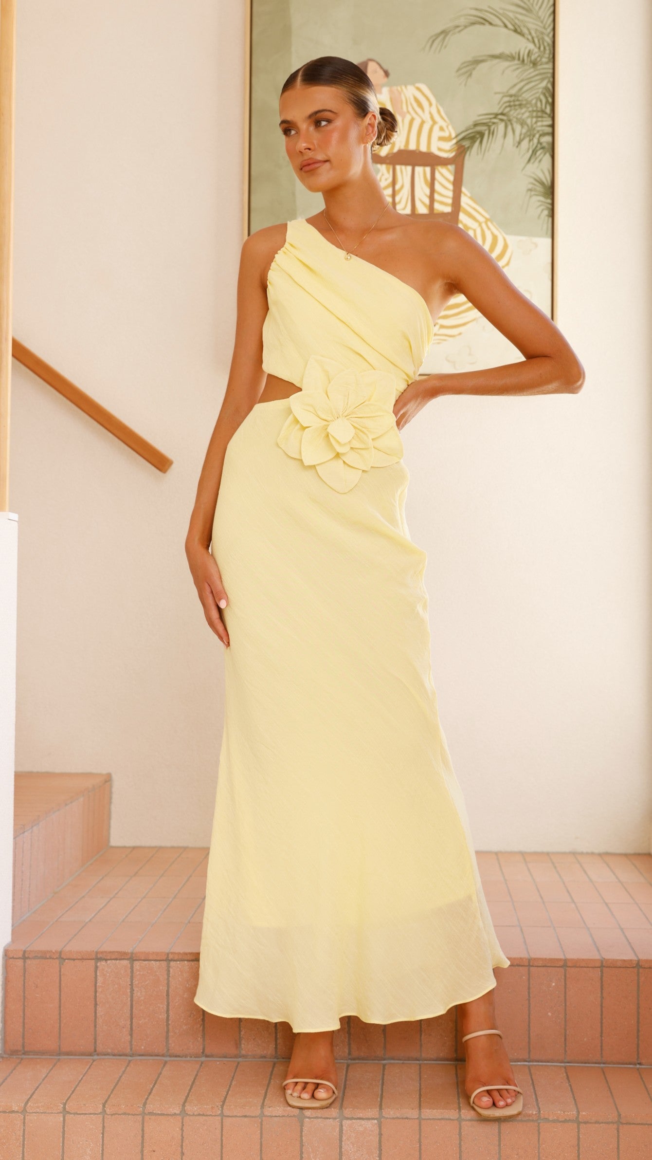 Bloom One Shoulder Cut Out Maxi Dress - Yellow