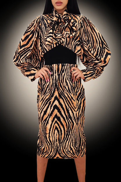 Long Sleeve Tiger Print Stretch Waist Dress