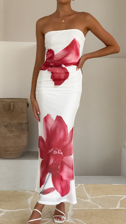 Brittani Strapless Maxi Dress - White/Red