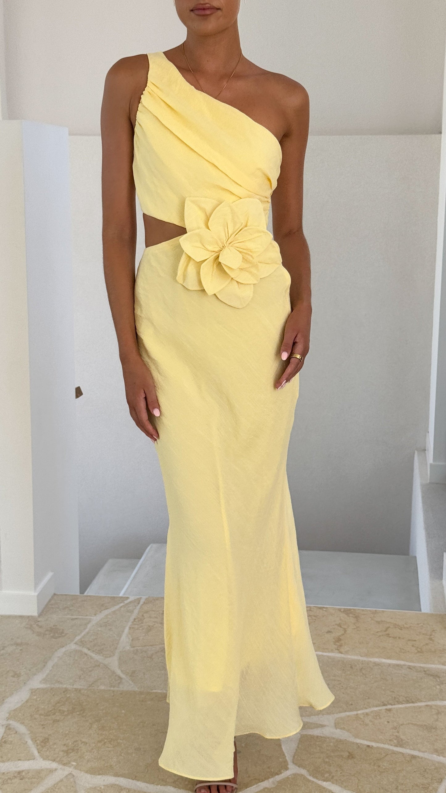 Bloom One Shoulder Cut Out Maxi Dress - Yellow