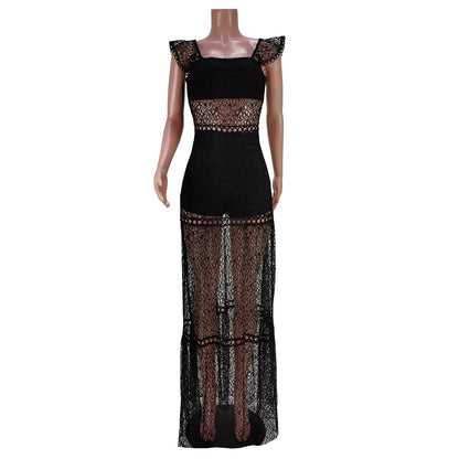 Perl Sexy Mesh Stitching Sling Zipper Dress See Through Lace Skirt Transparent Women's Clothing Charming Chic Outfit for Ladies