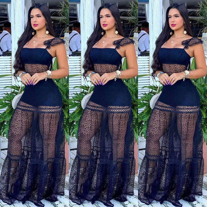 Perl Sexy Mesh Stitching Sling Zipper Dress See Through Lace Skirt Transparent Women's Clothing Charming Chic Outfit for Ladies
