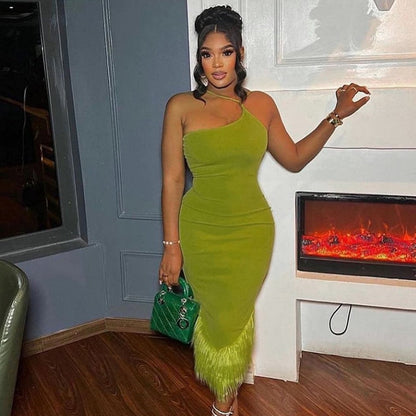 One Shoulder Irregular Fuzzy Hem Midi Dress