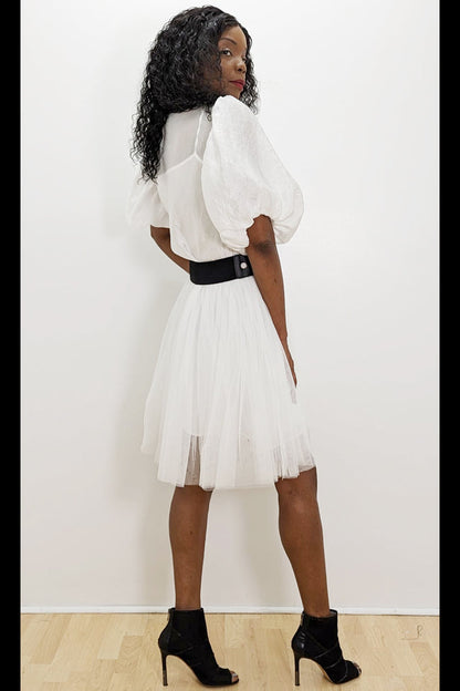 Puff Sleeve Embellished Collar Tulle Short Dress