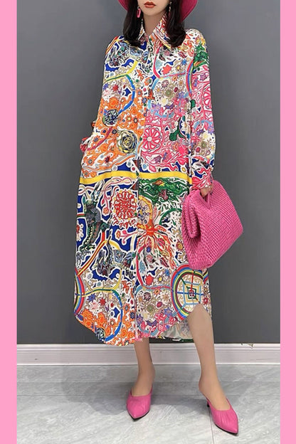 Long Sleeve Multi Colored Button Down Pockets Dress