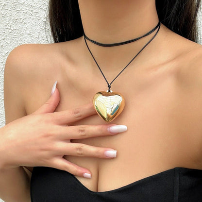 Dainty Gold Silver Tone Heart Pendant Wax Cord String Necklace