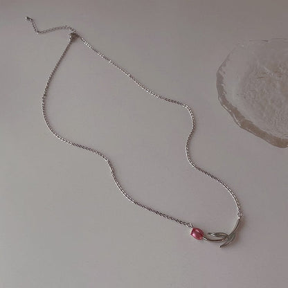 Dainty Handmade Enamel Pink Tulip Chain Necklace