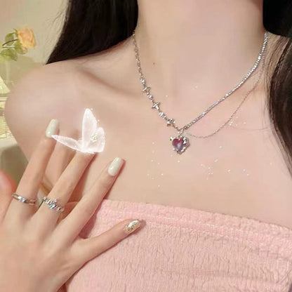Dainty Layered CZ Inlaid Purple Crystal Heart Pendant Star Chain Necklace