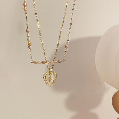 Dainty Layered Floral Heart Pendant Pearl Chain Choker Necklace Set